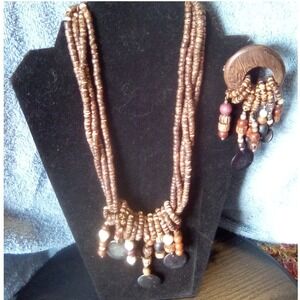 Boho Chic Beaded Necklace & Brooch Set, Wooden, Tribal, Earth Tones